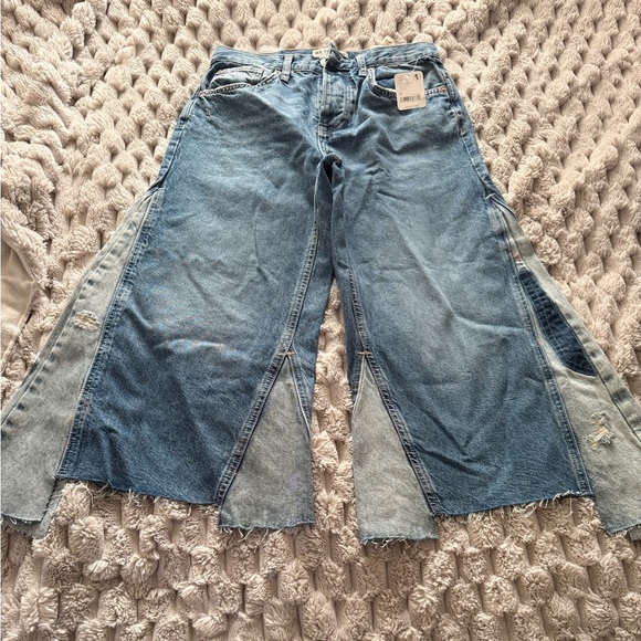 We The Free Patchwork Wide-Leg Flare Jeans in Blue Denim
